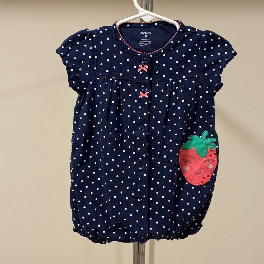 Carter's Navy and White Polka Dot Romper with Strawberry Patch